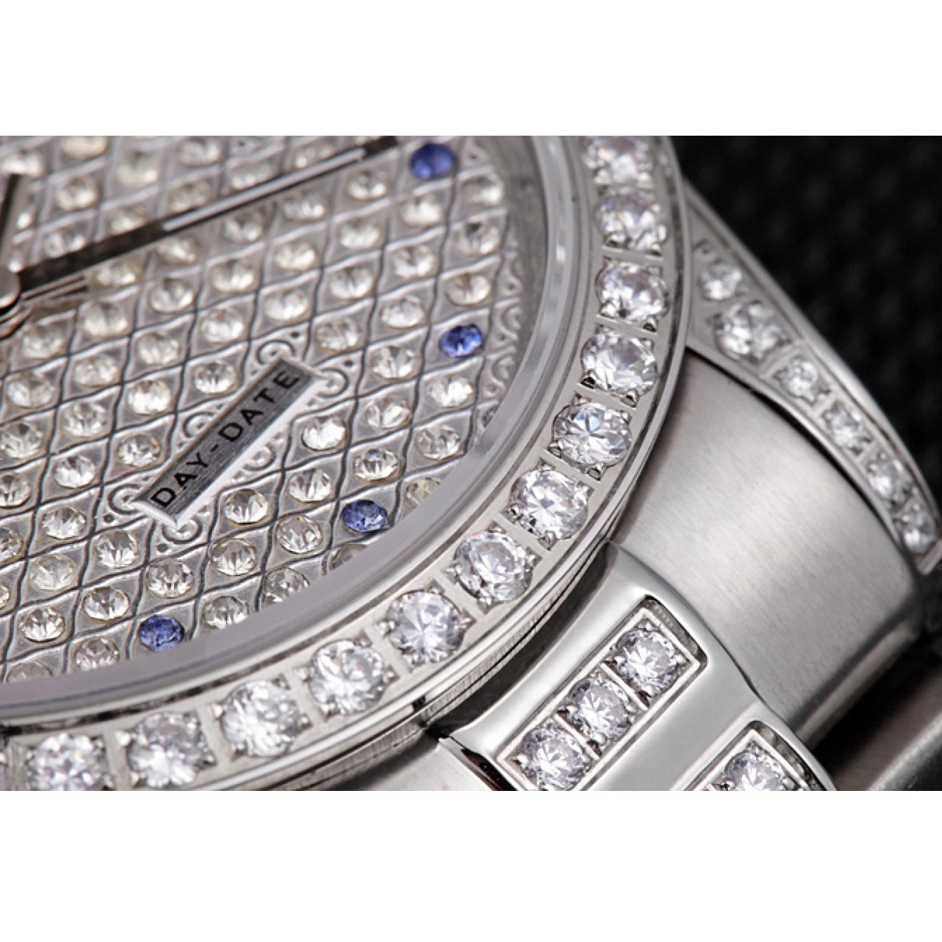 Aaa replica watch Full Day Rolex Date Gold Pave Swiss Yellow Diamond 0816